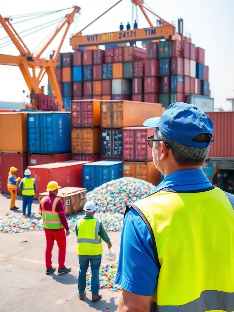A photograph of a large shipment of plastic beads arriving at a Vietnamese port, with workers unloading the containers and a company representative overseeing the process. The scene should convey efficiency and scale.